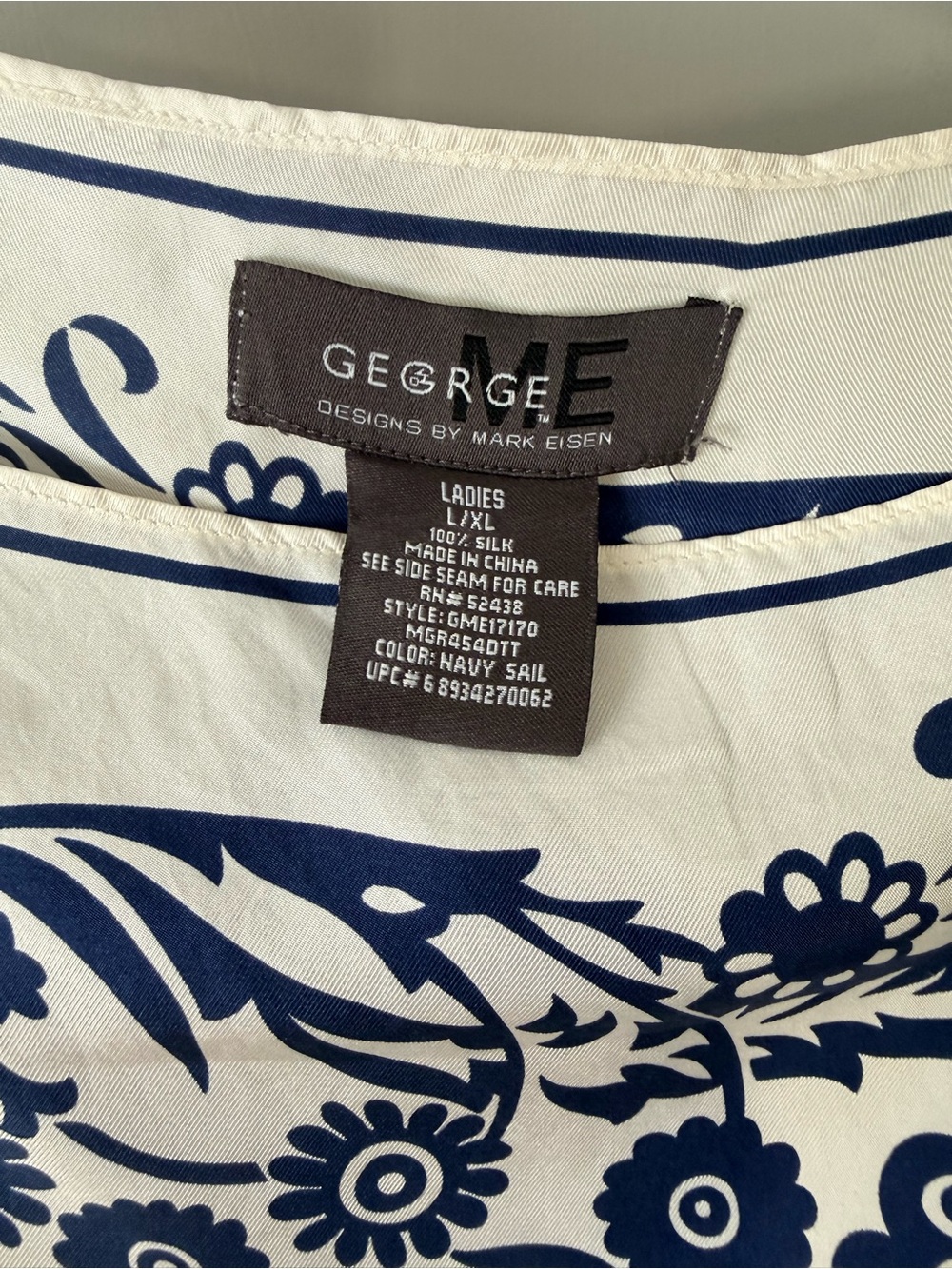 George Cream 100% Silk Top with Navy Floral Medallion Print - Picture 3 of 3
